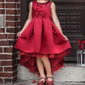 Red Floral Lace Pearl Tulle-Trim Hi-Low Dress